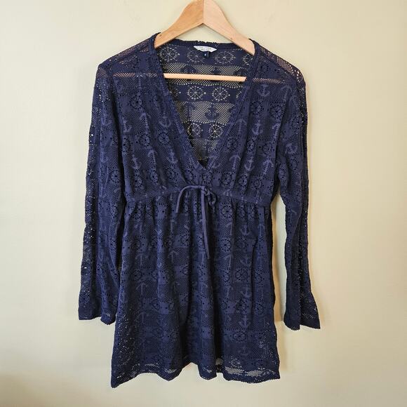 Nautica Women's Mesh Cover-Up, Size Medium Navy Anchor Long Sleeve - Picture 1 of 5